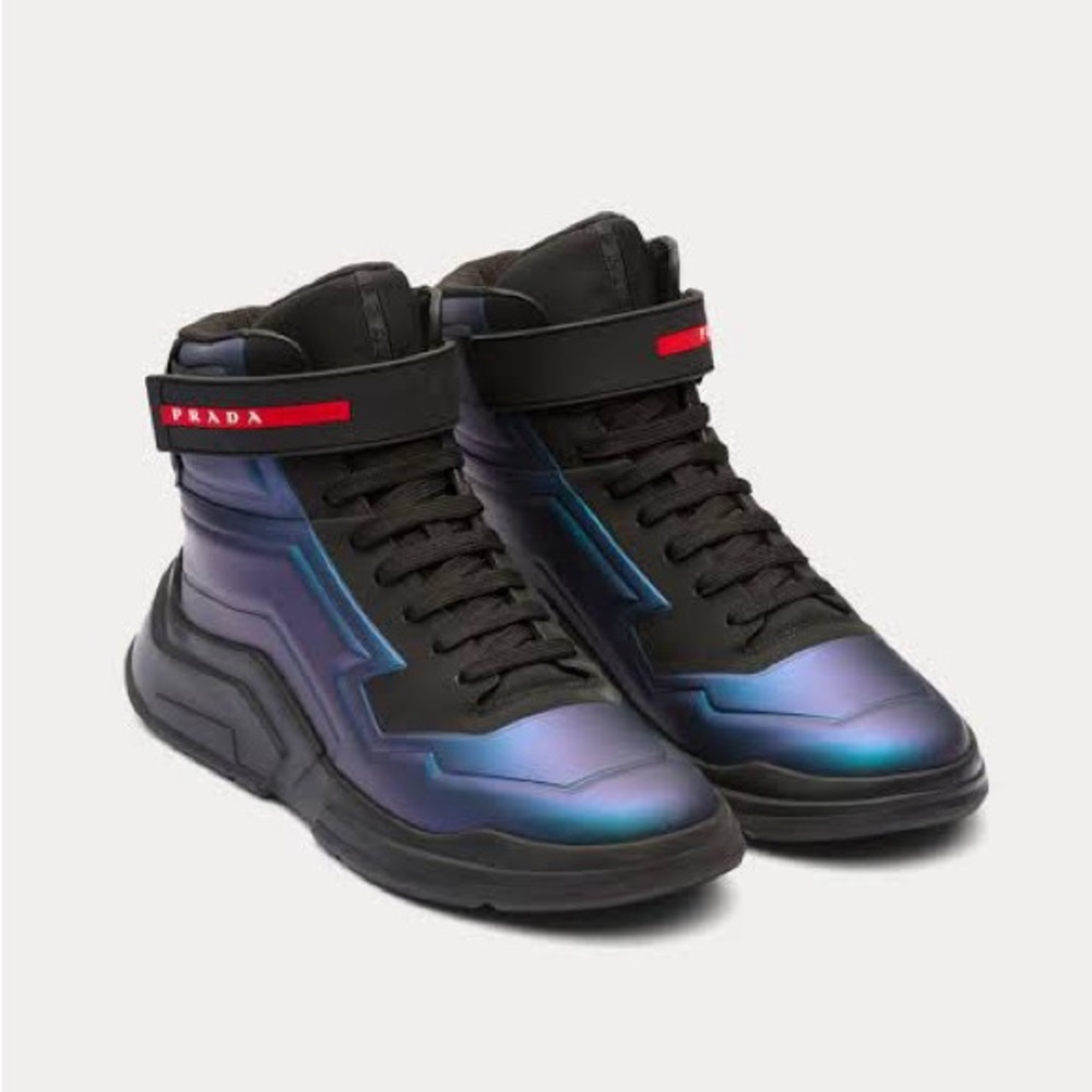 Prada Polarius Futuristic Black Iridescent High Top Sneakers Men's Size 12